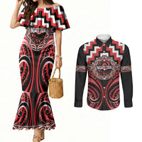 Aotearoa Ngati Toa Personalised Couples Matching Mermaid Dress and Long Sleeve Button Shirt Maori Iwi Poutama Puhoro Tattoo LT14 Red - Polynesian Pride
