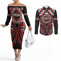 Aotearoa Ngati Toa Personalised Couples Matching Off The Shoulder Long Sleeve Dress and Long Sleeve Button Shirt Maori Iwi Poutama Puhoro Tattoo LT14 Red - Polynesian Pride