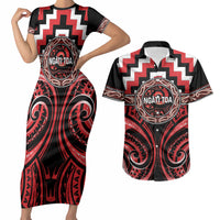 Aotearoa Ngati Toa Personalised Couples Matching Short Sleeve Bodycon Dress and Hawaiian Shirt Maori Iwi Poutama Puhoro Tattoo LT14 Red - Polynesian Pride