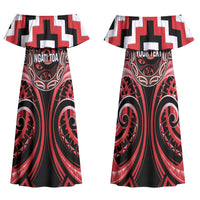 Aotearoa Ngati Toa Personalised Family Matching Off Shoulder Maxi Dress and Hawaiian Shirt Maori Iwi Poutama Puhoro Tattoo LT14 Mom's Dress Red - Polynesian Pride