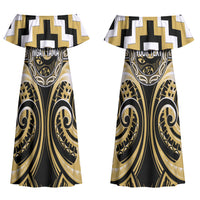 Aotearoa Ngati Tama Personalised Couples Matching Off Shoulder Maxi Dress and Long Sleeve Button Shirt Maori Iwi Poutama Puhoro Tattoo LT14 - Polynesian Pride