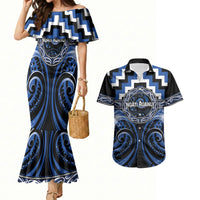 Aotearoa Ngati Ruanui Personalised Couples Matching Mermaid Dress and Hawaiian Shirt Maori Iwi Poutama Puhoro Tattoo LT14 Blue - Polynesian Pride