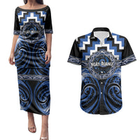 Aotearoa Ngati Ruanui Personalised Couples Matching Puletasi and Hawaiian Shirt Maori Iwi Poutama Puhoro Tattoo LT14 Blue - Polynesian Pride