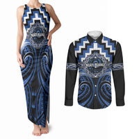 Aotearoa Ngati Ruanui Personalised Couples Matching Tank Maxi Dress and Long Sleeve Button Shirt Maori Iwi Poutama Puhoro Tattoo LT14 Blue - Polynesian Pride