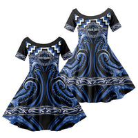 Aotearoa Ngati Ruanui Personalised Family Matching Short Sleeve Bodycon Dress and Hawaiian Shirt Maori Iwi Poutama Puhoro Tattoo LT14 Daughter's Dress Blue - Polynesian Pride