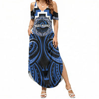Aotearoa Ngati Ruanui Personalised Summer Maxi Dress Maori Iwi Poutama Puhoro Tattoo LT14 Women Blue - Polynesian Pride