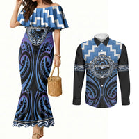 Aotearoa Ngaruahine Personalised Couples Matching Mermaid Dress and Long Sleeve Button Shirt Maori Iwi Poutama Puhoro Tattoo LT14 Blue - Polynesian Pride