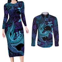 Nukuoro Atoll Couples Matching Long Sleeve Bodycon Dress and Long Sleeve Button Shirt Polynesian Shark Tattoo Purple Gradient Vibes