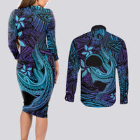 Nukuoro Atoll Couples Matching Long Sleeve Bodycon Dress and Long Sleeve Button Shirt Polynesian Shark Tattoo Purple Gradient Vibes