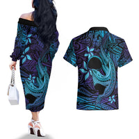 Nukuoro Atoll Couples Matching Off The Shoulder Long Sleeve Dress and Hawaiian Shirt Polynesian Shark Tattoo Purple Gradient Vibes