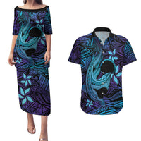 Nukuoro Atoll Couples Matching Puletasi and Hawaiian Shirt Polynesian Shark Tattoo Purple Gradient Vibes
