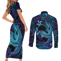 Nukuoro Atoll Couples Matching Short Sleeve Bodycon Dress and Long Sleeve Button Shirt Polynesian Shark Tattoo Purple Gradient Vibes