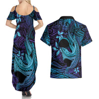 Nukuoro Atoll Couples Matching Summer Maxi Dress and Hawaiian Shirt Polynesian Shark Tattoo Purple Gradient Vibes