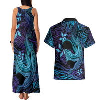Nukuoro Atoll Couples Matching Tank Maxi Dress and Hawaiian Shirt Polynesian Shark Tattoo Purple Gradient Vibes