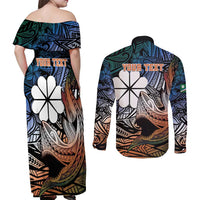 Personalised Kwajalein Atoll Couples Matching Off Shoulder Maxi Dress and Long Sleeve Button Shirt Polynesian Shark Tattoo Gradient Vibes