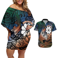 Personalised Kwajalein Atoll Couples Matching Off Shoulder Short Dress and Hawaiian Shirt Polynesian Shark Tattoo Gradient Vibes