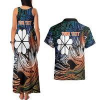 Personalised Kwajalein Atoll Couples Matching Tank Maxi Dress and Hawaiian Shirt Polynesian Shark Tattoo Gradient Vibes