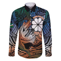 Personalised Kwajalein Atoll Family Matching Long Sleeve Bodycon Dress and Hawaiian Shirt Polynesian Shark Tattoo Gradient Vibes LT14 Dad's Shirt - Long Sleeve Black - Polynesian Pride