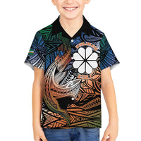 Personalised Kwajalein Atoll Family Matching Off Shoulder Maxi Dress and Hawaiian Shirt Polynesian Shark Tattoo Gradient Vibes