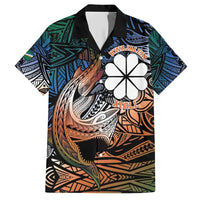 Personalised Kwajalein Atoll Family Matching Short Sleeve Bodycon Dress and Hawaiian Shirt Polynesian Shark Tattoo Gradient Vibes LT14 Dad's Shirt - Short Sleeve Black - Polynesian Pride