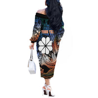 Personalised Kwajalein Atoll Off The Shoulder Long Sleeve Dress Polynesian Shark Tattoo Gradient Vibes LT14 - Polynesian Pride