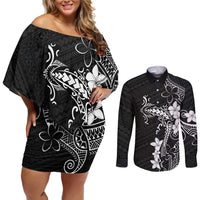 Black Hawaii Couples Matching Off Shoulder Short Dress and Long Sleeve Button Shirt Hammerhead Shark Tattoo Curve Polynesian - Polynesian Pride