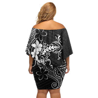 Black Hawaii Family Matching Off Shoulder Short Dress and Hawaiian Shirt Hammerhead Shark Tattoo Curve Polynesian - Polynesian Pride