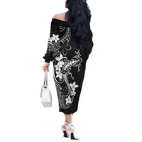 Black Hawaii Off The Shoulder Long Sleeve Dress Hammerhead Shark Tattoo Curve Polynesian - Polynesian Pride