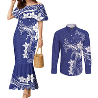 Blue Hawaii Couples Matching Mermaid Dress and Long Sleeve Button Shirt Hammerhead Shark Tattoo Curve Polynesian - Polynesian Pride
