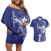 Blue Hawaii Couples Matching Off Shoulder Short Dress and Hawaiian Shirt Hammerhead Shark Tattoo Curve Polynesian - Polynesian Pride