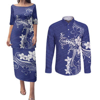 Blue Hawaii Couples Matching Puletasi and Long Sleeve Button Shirt Hammerhead Shark Tattoo Curve Polynesian LT14 Blue - Polynesian Pride