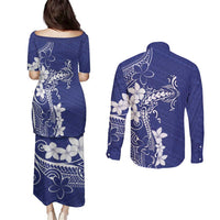 Blue Hawaii Couples Matching Puletasi and Long Sleeve Button Shirt Hammerhead Shark Tattoo Curve Polynesian LT14 - Polynesian Pride