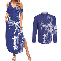 Blue Hawaii Couples Matching Summer Maxi Dress and Long Sleeve Button Shirt Hammerhead Shark Tattoo Curve Polynesian - Polynesian Pride