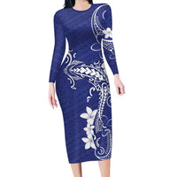 Blue Hawaii Long Sleeve Bodycon Dress Hammerhead Shark Tattoo Curve Polynesian - Polynesian Pride