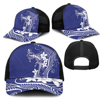 Blue Hawaii Mesh Trucker Cap Hammerhead Shark Tattoo Curve Polynesian - Polynesian Pride