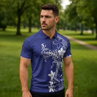 Blue Hawaii Zipper Polo Shirt Hammerhead Shark Tattoo Curve Polynesian - Polynesian Pride