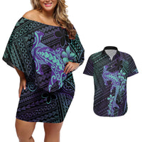 Purple Paradise Hawaii Couples Matching Off Shoulder Short Dress and Hawaiian Shirt Hammerhead Shark Tattoo Curve Polynesian - Polynesian Pride
