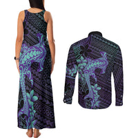 Purple Paradise Hawaii Couples Matching Tank Maxi Dress and Long Sleeve Button Shirt Hammerhead Shark Tattoo Curve Polynesian - Polynesian Pride