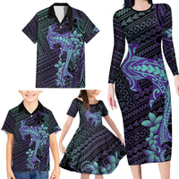 Purple Paradise Hawaii Family Matching Long Sleeve Bodycon Dress and Hawaiian Shirt Hammerhead Shark Tattoo Curve Polynesian - Polynesian Pride