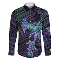 Purple Paradise Hawaii Family Matching Off Shoulder Short Dress and Hawaiian Shirt Hammerhead Shark Tattoo Curve Polynesian LT14 Dad's Shirt - Long Sleeve Purple - Polynesian Pride