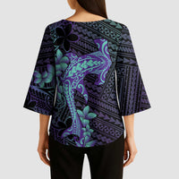 Purple Paradise Hawaii Kimono Sleeve Blouse Hammerhead Shark Tattoo Curve Polynesian - Polynesian Pride