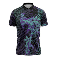 Purple Paradise Hawaii Zipper Polo Shirt Hammerhead Shark Tattoo Curve Polynesian - Polynesian Pride