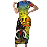 vanuatu-tafea-day-family-matching-short-sleeve-bodycon-dress-and-hawaiian-shirt-coat-of-arms-mix-tropical-flowers