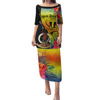 Vanuatu Tafea Day Puletasi Coat Of Arms Mix Tropical Flowers LT14 Long Dress Black - Polynesian Pride