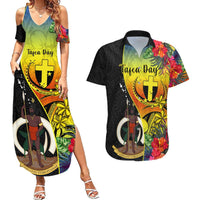 Personalised Vanuatu Tafea Day Couples Matching Summer Maxi Dress and Hawaiian Shirt Coat Of Arms Mix Tropical Flowers LT14 Black - Polynesian Pride