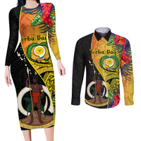 vanuatu-torba-day-couples-matching-long-sleeve-bodycon-dress-and-long-sleeve-button-shirts-coat-of-arms-mix-tropical-flowers