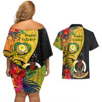 vanuatu-torba-day-couples-matching-off-shoulder-short-dress-and-hawaiian-shirt-coat-of-arms-mix-tropical-flowers