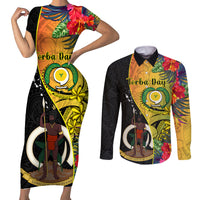 vanuatu-torba-day-couples-matching-short-sleeve-bodycon-dress-and-long-sleeve-button-shirts-coat-of-arms-mix-tropical-flowers
