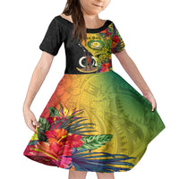 Vanuatu Torba Day Family Matching Puletasi Dress and Hawaiian Shirt Coat Of Arms Mix Tropical Flowers LT14 Daughter's Dress Black - Polynesian Pride