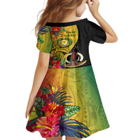 Vanuatu Torba Day Kid Short Sleeve Dress Coat Of Arms Mix Tropical Flowers LT14 - Polynesian Pride